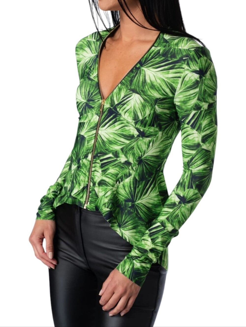 Daniela Corte Melrose Palm Leaf Print Zip Jacket Luxury Stretch Compression Top